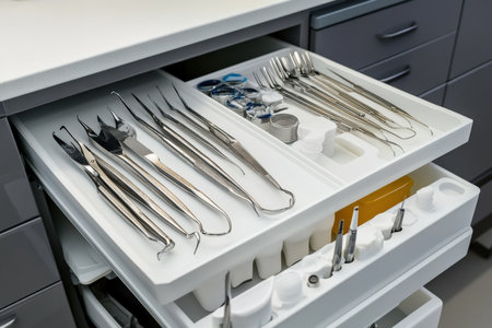 A dental assistant organizing orthodontic tools in a sterile environment.の写真素材