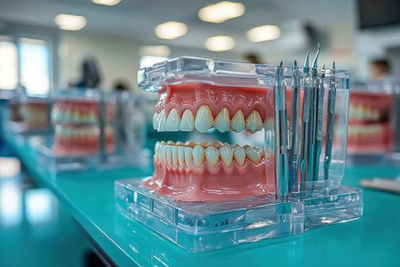 A set of dental tools arranged neatly on a tray in a modern dental office.の写真素材