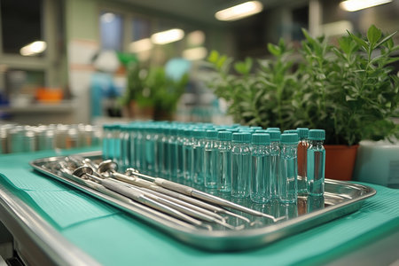 A set of dental tools arranged neatly on a tray in a modern dental office.