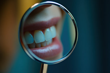 A patient examining their teeth in a mirror during a dental consultation.