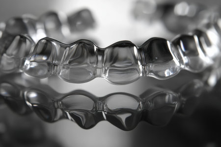 A close-up of a set of custom-fit clear aligners on a clean surface.の写真素材