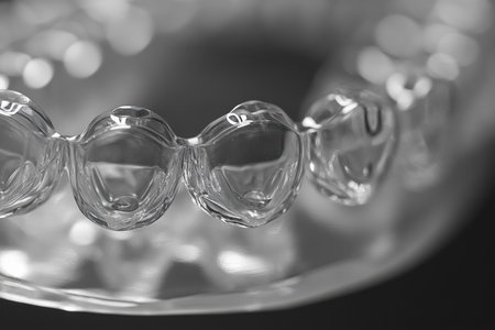 A close-up of a set of custom-fit clear aligners on a clean surface.の写真素材