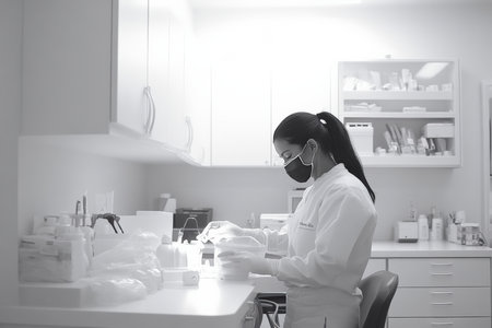 A dental assistant preparing products in a clean, sterile environment.の写真素材