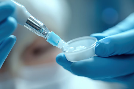 A dental professional applying a whitening gel.