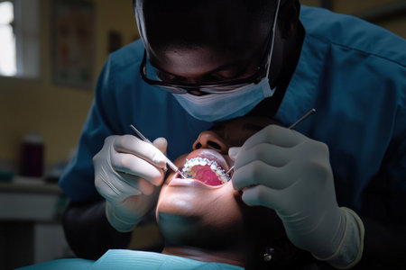 A dental hygienist cleaning teeth before a professional whitening session.の写真素材