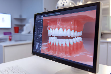 A digital 3D scan of perfectly aligned teeth on a computer screen in a dental clinic.