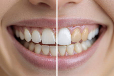 A bright, natural smile highlighting teeth whitening results under studio lighting. Before after.の写真素材