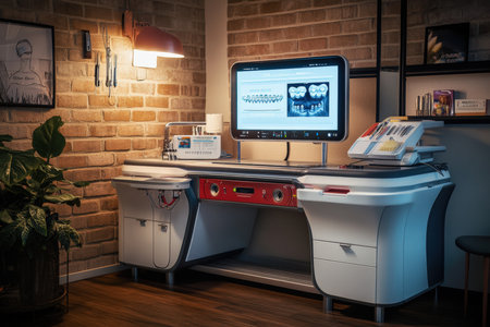 A high-tech orthodontic workstation with dental instruments and a digital display.の写真素材