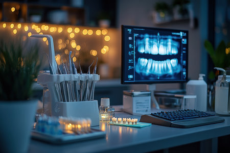 A high-tech orthodontic workstation with dental instruments and a digital display.の写真素材