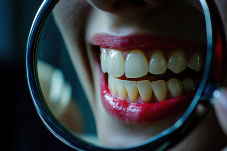 A patient examining their teeth in a mirror during a dental consultation.の写真素材