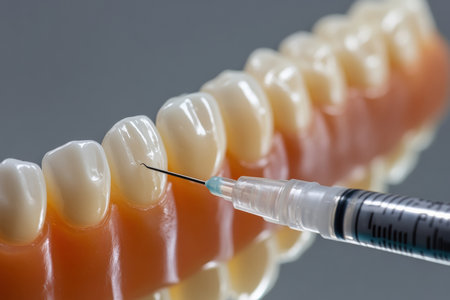 Home whitening, Tooth model with bleaching gel syringe for whitening teeth on blue background.の写真素材