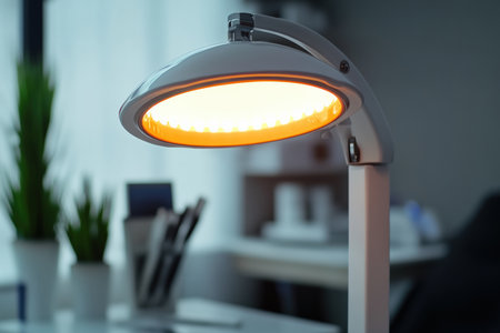 A modern LED teeth-whitening light positioned over a dental chair.の写真素材