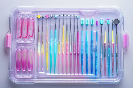 A set of orthodontic tools arranged neatly on a sterile dental tray.の写真素材