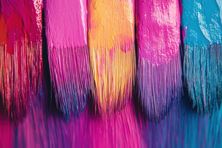 A close-up of paintbrush bristles dipped in vibrant acrylic paint.の写真素材