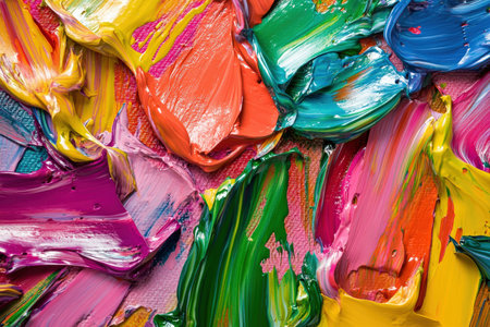 A close-up of colorful palette covered in mixed oil paints in rich, textured layers.の写真素材