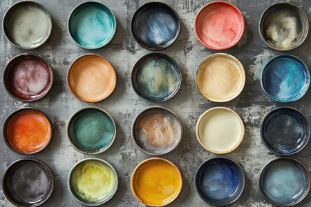 A glass jar filled with used paintbrushes sitting beside a color-splattered palette.の写真素材