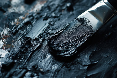 A glass jar filled with used paintbrushes sitting beside a color-splattered palette.の写真素材