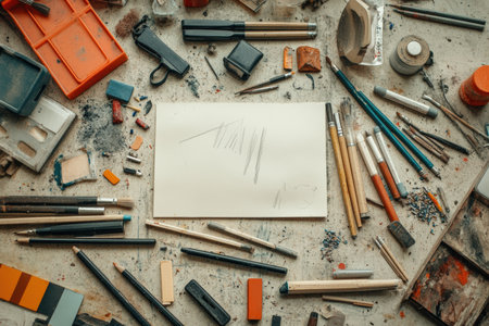 A glass jar filled with used paintbrushes sitting beside a color-splattered palette.