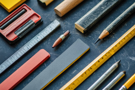 A glass jar filled with used paintbrushes sitting beside a color-splattered palette.の写真素材