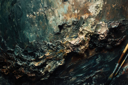 A glass jar filled with used paintbrushes sitting beside a color-splattered palette.の写真素材