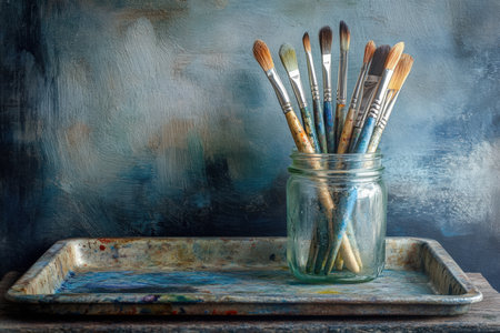 A glass jar filled with used paintbrushes sitting beside a color-splattered palette.の写真素材