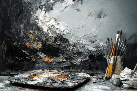 A glass jar filled with used paintbrushes sitting beside a color-splattered palette.の写真素材