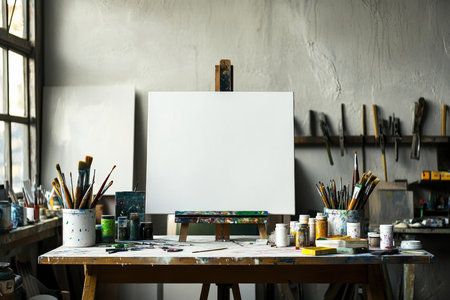 A modern artists studio featuring a canvas, paints, and tools on a workbench.