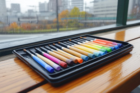 Various vibrant markers in an array of colors and sizes are neatly organized on drawing table.の写真素材