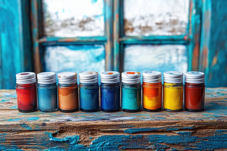 A neatly arranged set of watercolor paints on a wooden artists table.の写真素材