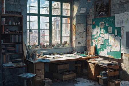 Interior of painting studio of freelance artist.