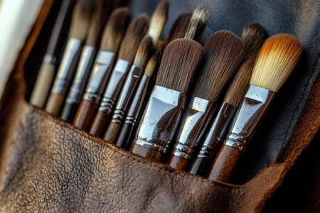 High-quality brushes in a leather holder.の写真素材