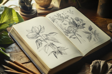 A sketchbook lying open with rough pencil outlines of an unfinished drawing.の写真素材