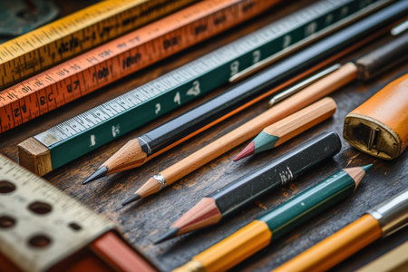 Drawing supplies including mechanical pencils, sharpeners, and rulers.の写真素材