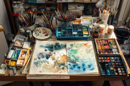A table filled with art supplies: watercolors, brushes, paper, and mixing trays.の写真素材