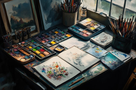 A table filled with art supplies: watercolors, brushes, paper, and mixing trays.の写真素材