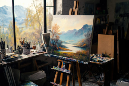 A modern artists studio featuring a canvas, paints, and tools on a workbench.の写真素材