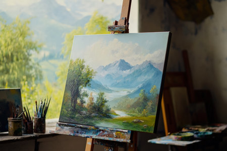 A modern artists studio featuring a canvas, paints, and tools on a workbench.の写真素材