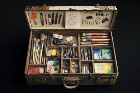 An artists toolbox with organized art supplies, including brushes, pencils, and paints.の写真素材