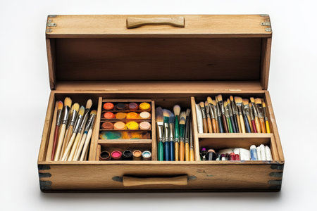 An artists toolbox with organized art supplies, including brushes, pencils, and paints.の写真素材