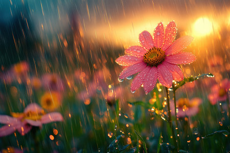 A fantastic country, colorful, with flying flowers and colored rain.の写真素材