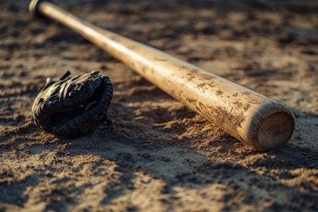 A baseball bat and glove set on a dusty diamond field.の写真素材