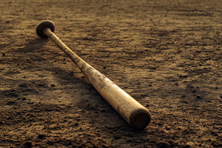 A baseball bat and glove set on a dusty diamond field.の写真素材