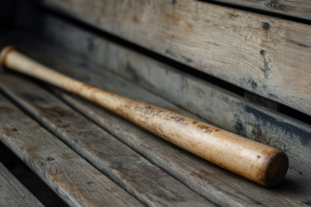 A baseball bat resting against a wooden dugout benchの写真素材