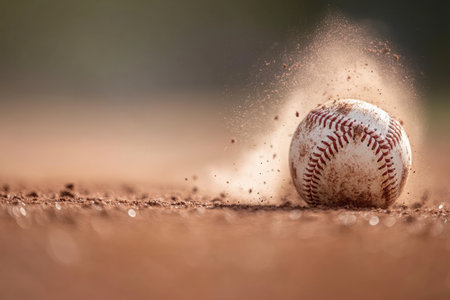 A baseball lying on the pitchers mound with dust around it.
