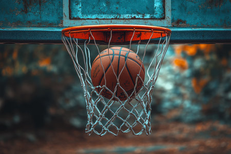 A basketball spinning on the rim of an outdoor hoop.