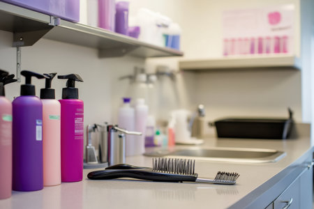 A clean pet grooming station with brushes and clippers.の写真素材
