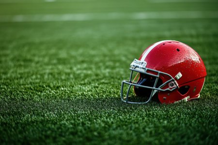 A football helmet resting on artificial turf. free copy space.の写真素材