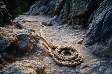 Climbing rope coiled neatly on a rocky trail.