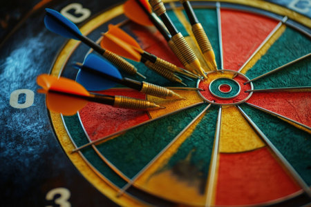 A dartboard with colorful darts scattered around.の写真素材