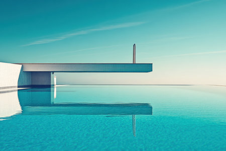 Diving board above a perfectly still swimming pool.